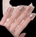 Cat-Eye-Kunstnägel in Champagnergold mit gebürsteter Metalltextur und 3D-Blumendetails - Extra Klein (XS) / 1203-Extra Kurze Sargform Rosa Prinzessin