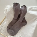 Dark grayish-purple ribbed crew socks with elegant wavy lettuce edges for women - One Size / Smoke