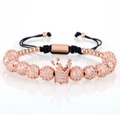 Rose gold crown and diamond-paved beads charm bracelet with black braided rope for men - Rose Gold Ball + Crown