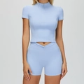 Light blue two-piece yoga set with short sleeve zip crop top and v-cross high waist shorts - S / Top And Bottom / Blue