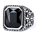 Vintage stainless steel ring with a large rectangular black gemstone and ornate engraving - US 7 / Black Stone