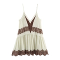 Elegante vestido de tirantes con encaje crema y marrón y cuello en V para mujer - XS / Crema Contraste Marrón