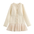 Elegant cream tweed mini dress with pearl buttons and pleated skirt on white background - XS / Ivory