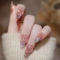 Lange Press-On-Nägel in Nude-Rosa mit silbernem Glitzerverlauf und edlen Glitzersteinen - Klebertyp-Nude Pink Schwarze Linien mit Diamanten Stil (D-86)