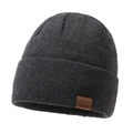 Klassieke donkergrijze gebreide muts voor heren met lederen patch voor winterwarmte - Lichtgrijs