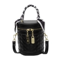 Modern black woven leather bucket bag with silk scarf handle and golden hardware details - Black