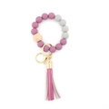 Silicone bead keychain with purple and grey matte beads, wooden bead and purple leather tassel - 8 Purple
