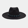 Detail of black wide brim fedora hat featuring turquoise beads and silver buckle accents - Turquoise Studded Leather Band (3#色)