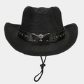 Detail of western straw cowboy hat featuring black leather band and silver bull head emblem - Black
