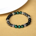 Tiger eye beaded bracelet with green gemstones, black beads, and silver metal accents - 19cm/8mm Bead Diameter / Green Tiger Eye