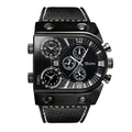 Oulm multi-timezone men's quartz watch with black dial and black leather strap - Leather Black
