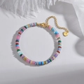 Bohemian pastel beaded bracelet for women with gold chain and stainless steel tag - Pink Purple