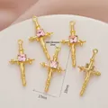 Golden cross pendant with pink square zircon and 2mm hole for DIY jewelry making - 696# Gold - Pink Zirconia