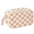 Detailed side view of the beige checkered corduroy makeup bag with three silver zippers - Simple Plaid
