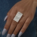Close-up of luxury silver-toned geometric rectangular ring with sparkling pavé crystals - Adjustable Open / Silver Rectangle Style (6013S)