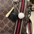 Three-piece baseball keychain with mini wooden bat and black leather glove hanging on a bag - 2CM Short Bat White Ball Black Glove