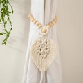 Detail of hand-woven cotton leaf curtain tieback with natural wooden beads decoration - Style C Leaf Shape / Off-White