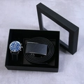 Men gift set with blue dial quartz watch and black leather belt in elegant window box - 3-Piece Black Set (Black Belt + Watch + Gift Box)