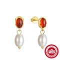 S925 silver gold hoop earrings with red marquise stone and white teardrop pearl drop - 925 Silver / Ruby Red Gold