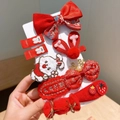 8-piece red festive hair clip set for girls with rabbit embroidery and plush elements - Red Candy Strawberry Hair Clip 9-Piece Set