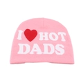 Detail of hot pink knit beanie featuring bold white letter jacquard and red heart pattern - I ❤️ HOT DADS / Pink