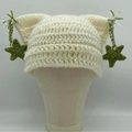 Handmade crochet cat ear beanie in cream white with green star tassel decorations - Off-white