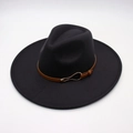 Classic 9.5cm wide brim wool felt jazz hat with brown leather belt and gold buckle - Dark Grey (Heart Buckle)