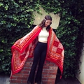 Ethnic style red cotton linen shawl with bohemian geometric prints and fringe tassels - 180*90CM / 37108-True Red