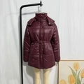 Women's burgundy drawstring long sleeve hooded padded jacket with a cinched waist design - S / Burgundy