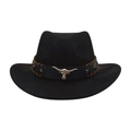 Black western cowboy hat with leather band, silver bull head badge and star studs - One Size / Black