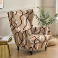 Stretch wingback chair cover featuring brown and white wavy patterns for armchairs - Wave Pattern