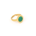 Detail of adjustable gold ring with a round green striped inlay on a white background - Green Ring