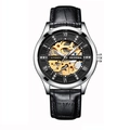 Skeleton mechanical watch with silver steel case, gold movement, and black leather strap - Black Strap Silver Case Black Dial