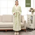 Dikke groene flanellen badjas met bloemenjacquard en pluche bies voor dames - M / Erwtengroen Dames