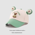 Detail of pink and green kids baseball cap with 3D teddy bear and HAPPY BABY embroidery - 48-52cm / White/Grass Green Patchwork