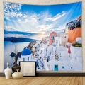 Santorini landscape tapestry with blue church and sea view for stylish home wall decoration - 73*95CM / Santorini Panoramic Scenery (Brushed)