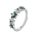 Macro view of adjustable silver ring with green and white cubic zirconia cluster design - VJ514 Platinum Star