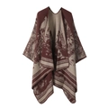 Detailed texture of brown and beige knitted shawl with forest tree patterns and stripes - Coffee