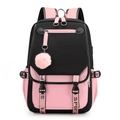 Sac à dos étudiant minimaliste en nylon noir et rose avec un pendentif en peluche rose - Style Simple / Noir Rose