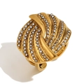 Vintage 18K gold plated stainless steel ring with spiral texture and rhinestones - Geometric Cross Feather Zirconia Ring/Gold