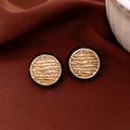 Vintage round gold wave pattern earrings with elegant black enamel border detail - 49# Black Gold - Ripple Texture Round (Silver Earring Post)