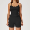 Ensemble de yoga noir sans couture avec débardeur col U et short de fitness côtelé - S / Vest + Shorts - Black