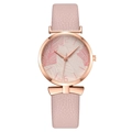 Fashionable pink leather strap ladies watch with rose gold bow and leaf pattern dial - Pink