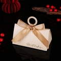 Champagne triangular wedding favor box with cream finish, wooden ring and sweet wishes text - Beige Box+Champagne Gold Ribbon / Small Size (do Not Use Wooden Rings)