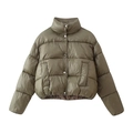 Women's olive green short puffer jacket with snap buttons and horizontal quilting - S / Olive Green