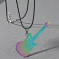 Collier pendentif guitare arc-en-ciel pour homme en acier inoxydable et corde noire - Style Écriture Corde Noire / Musique Arc-en-ciel