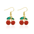Sparkling red cherry drop earrings with green rhinestones and golden hooks - Rhinestone Red Cherry