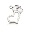 Detail of silver nurse hat charm with heart and cross icon for medical DIY jewelry - Antique Silver Nurse Heart Hat 23x20mm