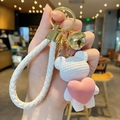 White woven texture bear keychain with pink heart, gold ring and white leather wristlet - Resin Heart Bear-White