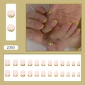 Pink press-on nails with yellow French tips, gold studs and crystals, 24 pieces set - Z355 Cat Eye Green Diamond (Glue Style)